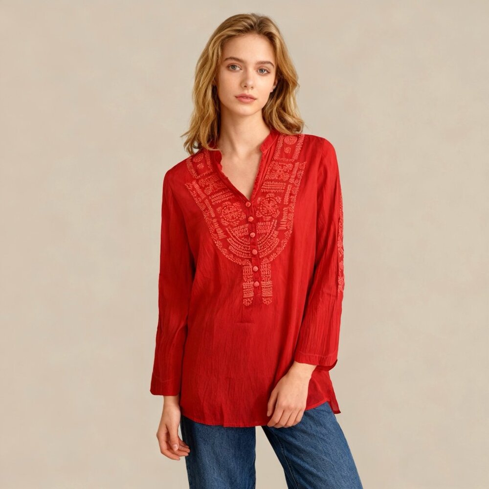 NWOT Johnny Was Embroidered Floral Long Sleeves V-Neck Tunic Blouse Red Size S